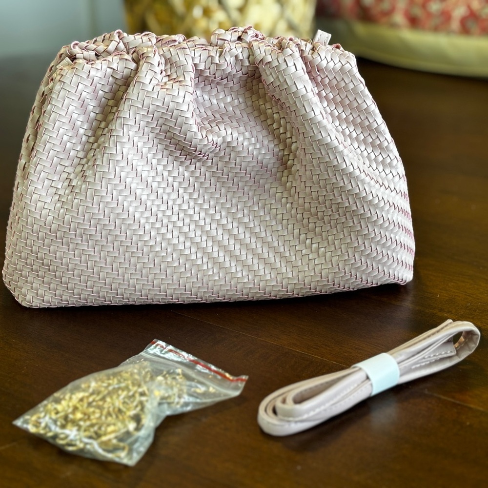 Maeve Blush Woven Bag with Gold Accents